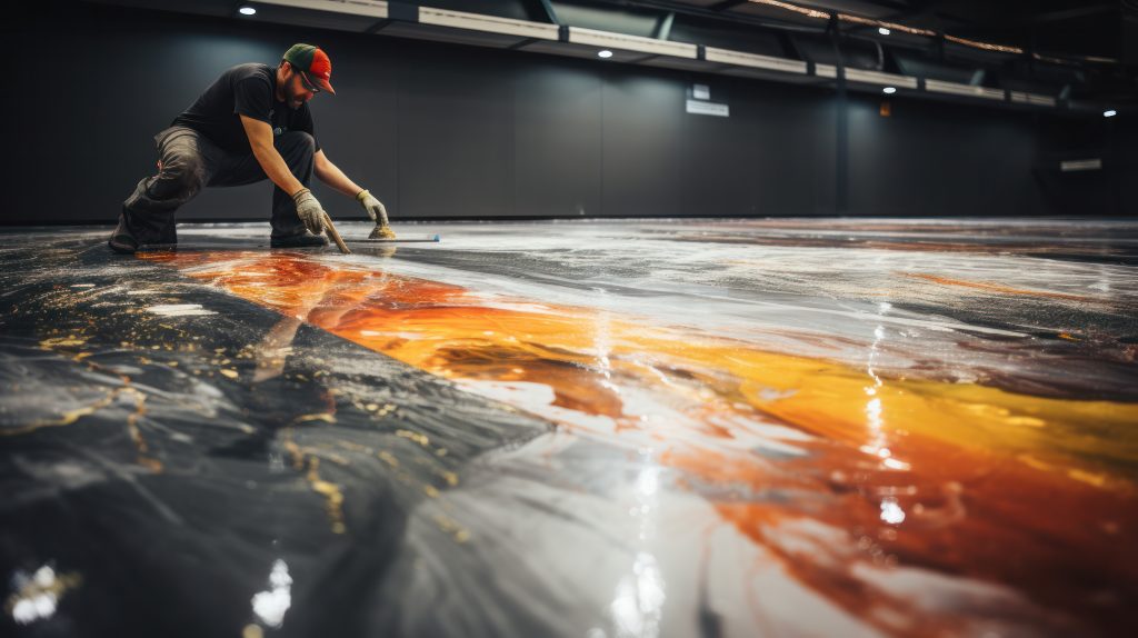 The worker applies gray epoxy resin to the new floor