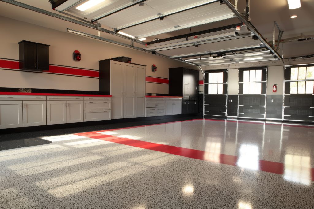 Clean and organized garage with epoxy floor, white cabinets and red accents.