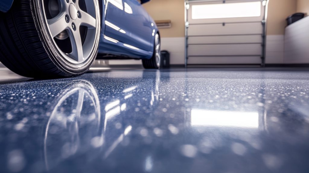 A sparkling clean garage floor with epoxy coating, showcasing a reflection of a car and the surrounding environment. This exemplifies durability, shine, and a polished look for your garage.